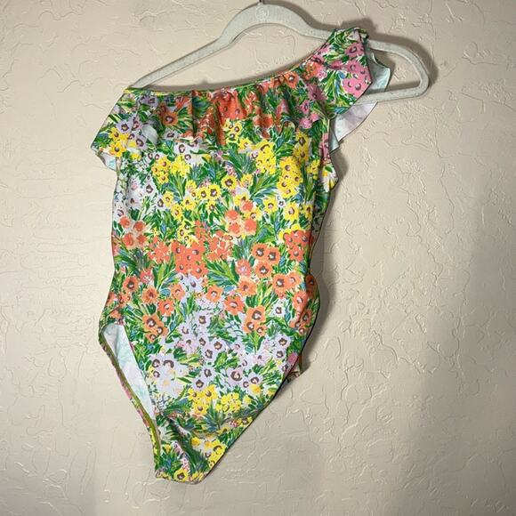 Motherhood Maternity Women's Beach Bump Ruffle-Front One shoulder swimsuit - Picture 2 of 9